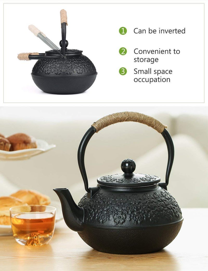 Sotya Cast Iron Teapot, 40oz/1200ml Japanese Tetsubin Tea Pot with Infuser for Loose Leaf and Tea Bags, Tea Kettle Coated with Enameled Interior for Stove Top, Black - Image 5
